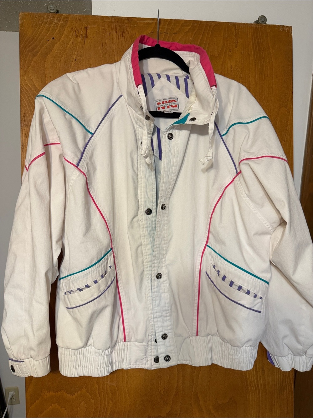 New York Girl White Vintage Jacket with Pink & Teal Piping